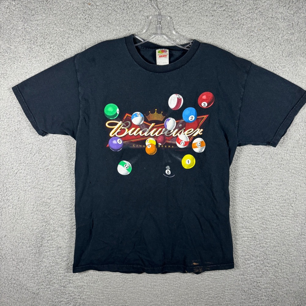 Vintage Budweiser King of Beers Billiard Pool Balls Graphic T-Shirt Black Mens L